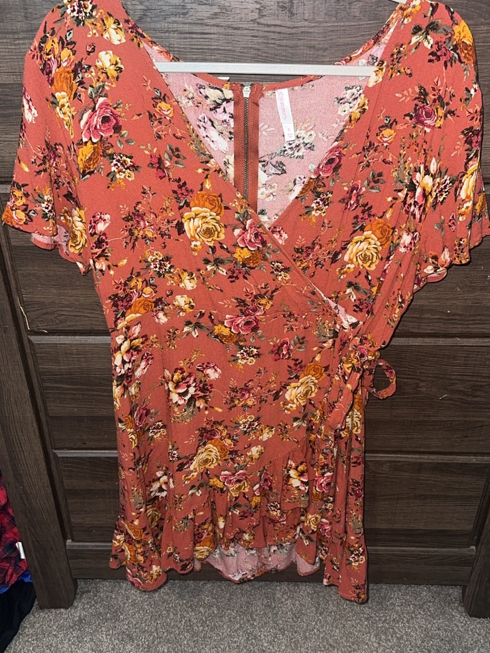Xhilaration Rust Floral Wrap Dress with Mustard and Pink Blooms